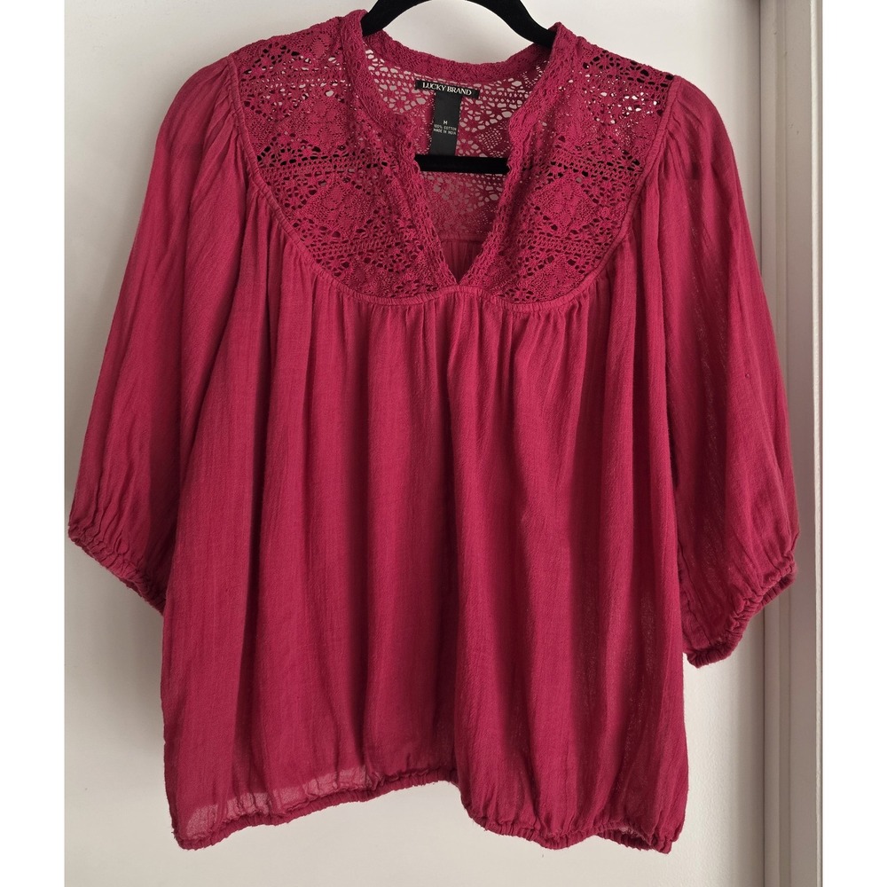 Lucky Brand Blouse M Dark Pink 100% Cotton V-Neck 3/4 Sleeve Boho Top Shirt